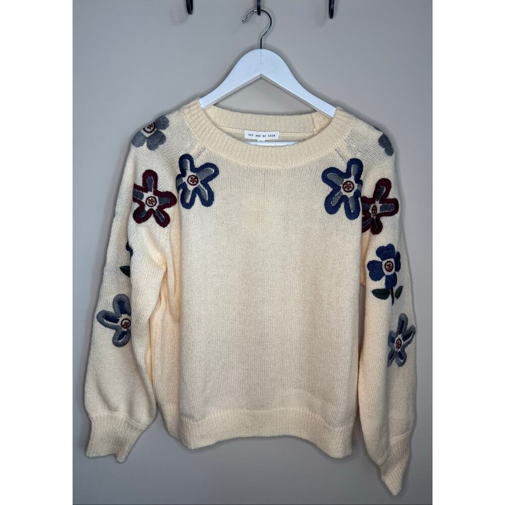 See and Be Seen Floral Embroidered Cream Sweater sz S